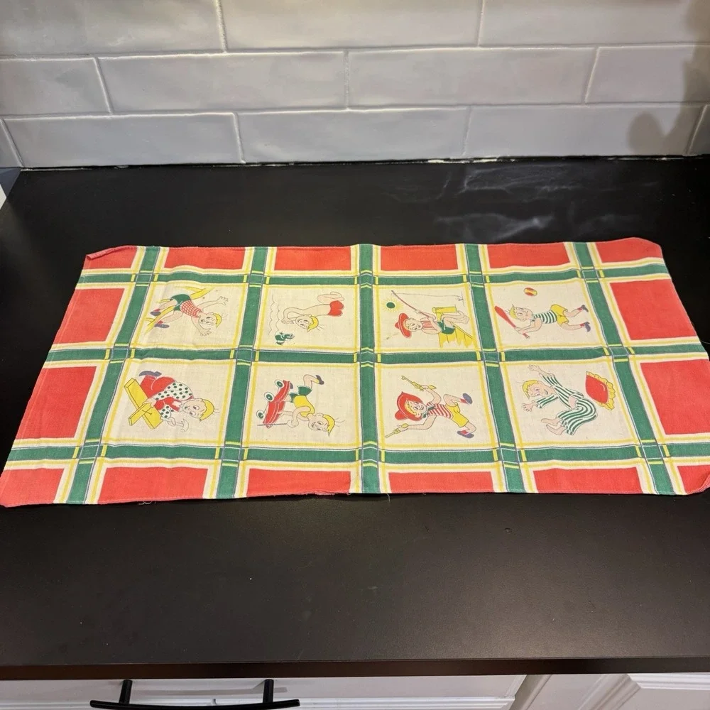 Vintage 1940's Hadson Kitchen Tea Little Boys Fishing And Playing Yellow Kitschy